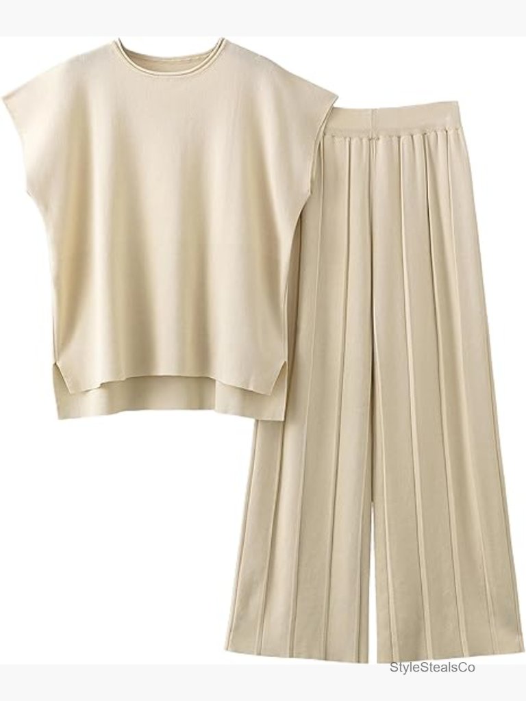 Knit 2 Piece Lounge Set - Sleeveless Top & Wide Leg Pants